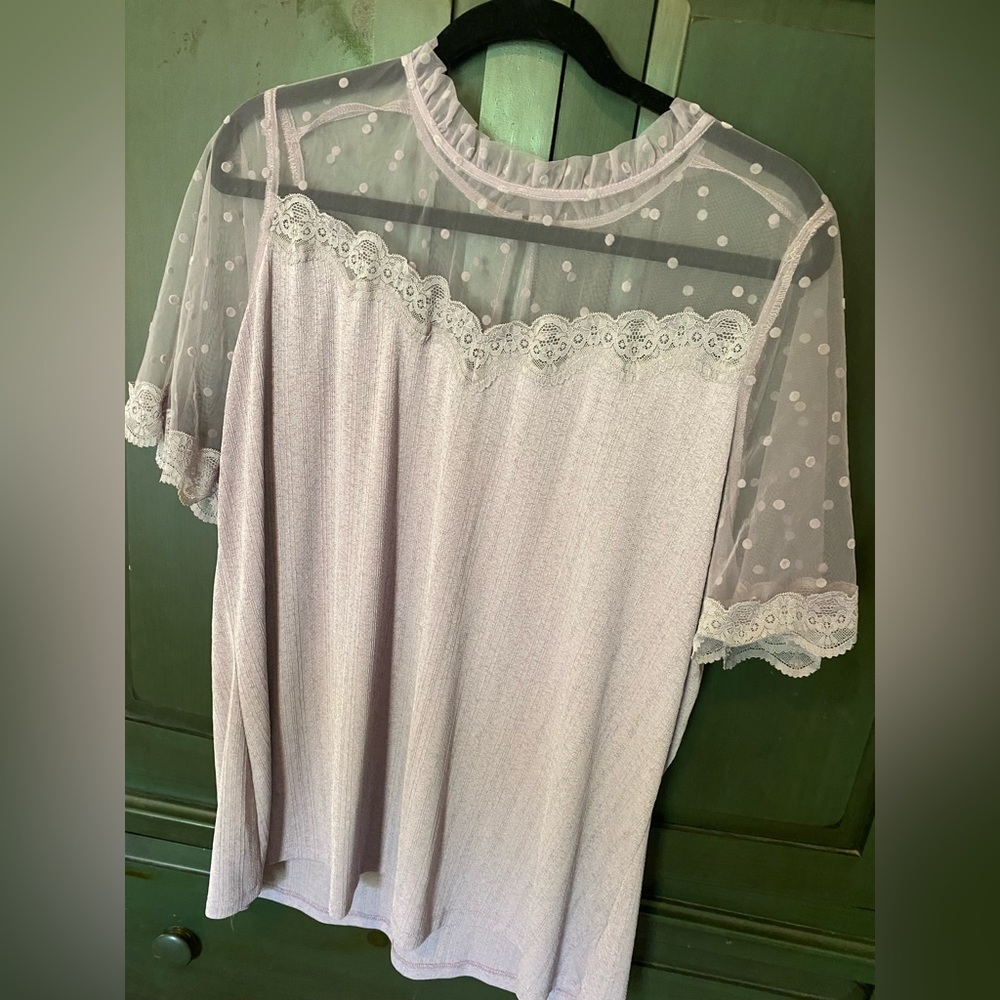 Perch by BluPepper plus size top. Size 2xl lavender with lace shear lace detail